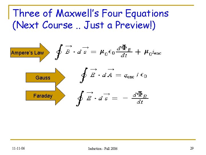 Three of Maxwell’s Four Equations (Next Course. . Just a Preview!) Ampere’s Law Gauss