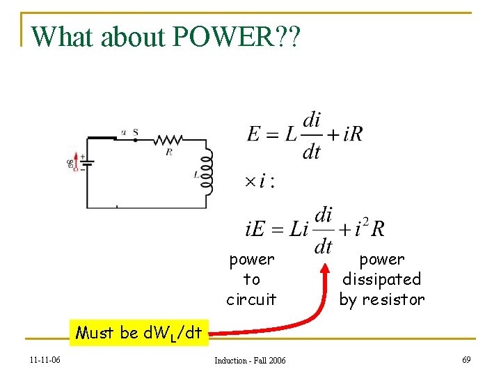 What about POWER? ? power to circuit power dissipated by resistor Must be d.