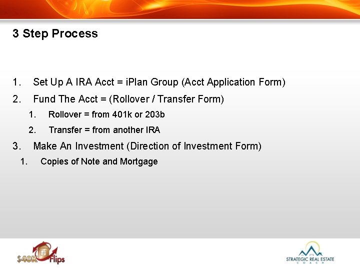 3 Step Process 1. Set Up A IRA Acct = i. Plan Group (Acct