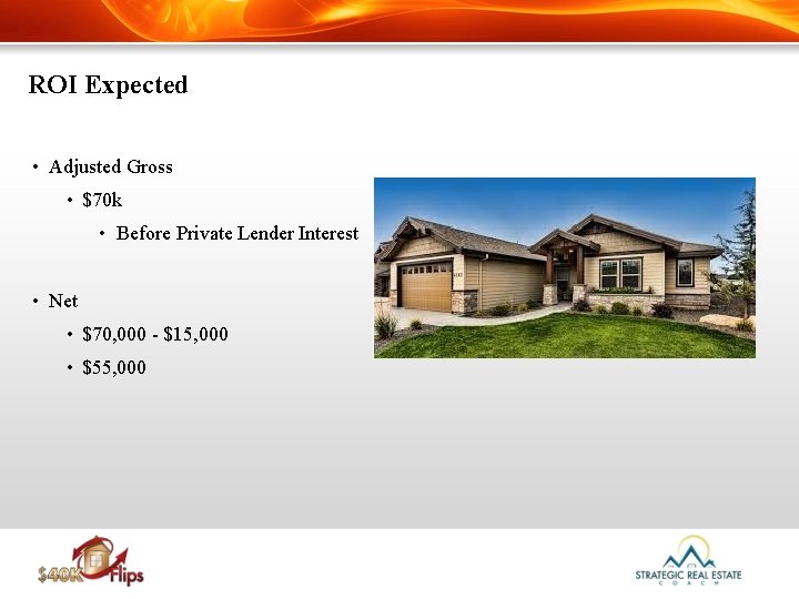 ROI Expected • Adjusted Gross • $70 k • Before Private Lender Interest •