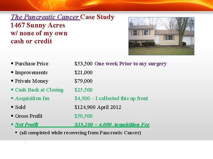 The Pancreatic Cancer Case Study 1467 Sunny Acres w/ none of my own cash