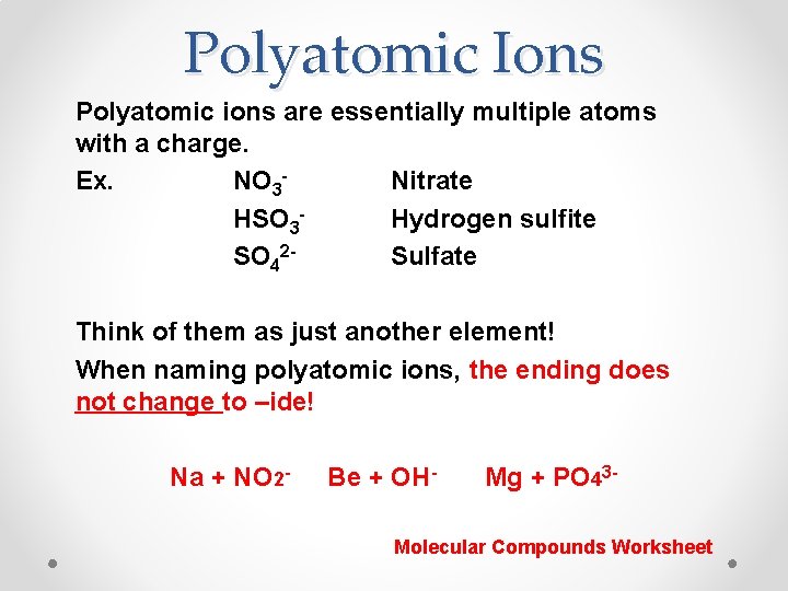 Polyatomic Ions Polyatomic ions are essentially multiple atoms with a charge. Ex. NO 3