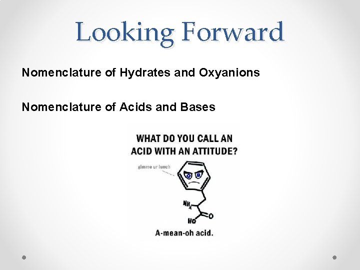 Looking Forward Nomenclature of Hydrates and Oxyanions Nomenclature of Acids and Bases 