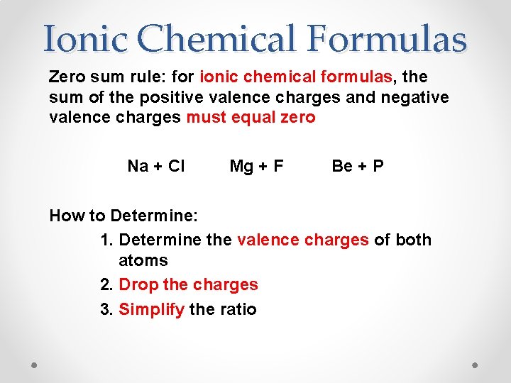 Ionic Chemical Formulas Zero sum rule: for ionic chemical formulas, the sum of the