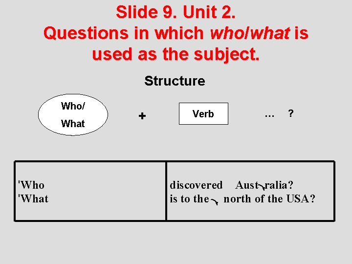 Slide 9. Unit 2. Questions in which who/what is used as the subject. Structure