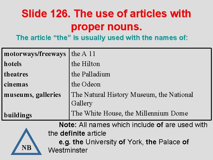 Slide 126. The use of articles with proper nouns. The article “the” is usually