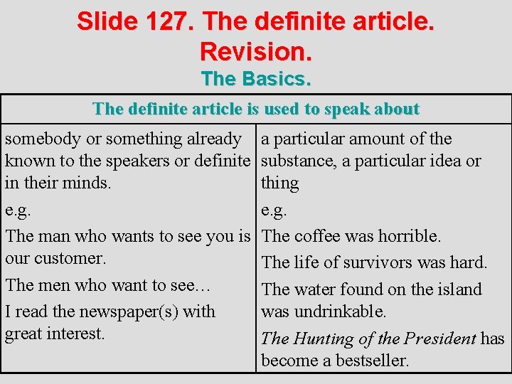Slide 127. The definite article. Revision. The Basics. The definite article is used to
