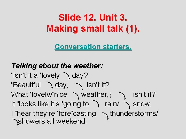 Slide 12. Unit 3. Making small talk (1). Conversation starters. Talking about the weather: