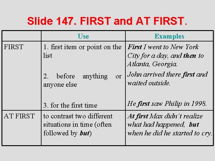 Slide 147. FIRST and AT FIRST Use 1. first item or point on the