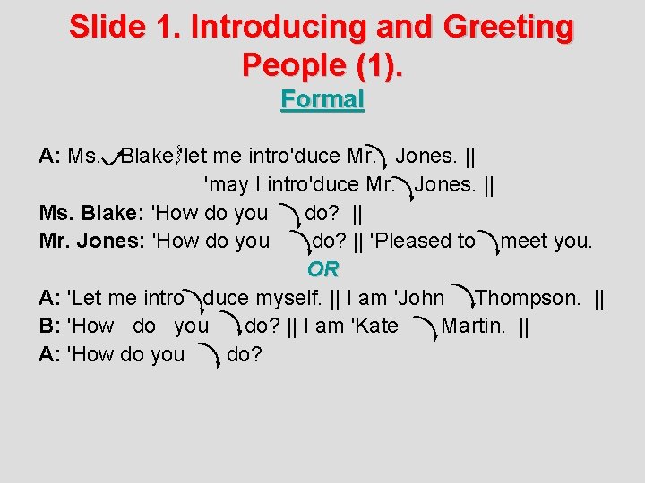 Slide 1. Introducing and Greeting People (1). Formal A: Ms. Blake, 'let me intro'duce