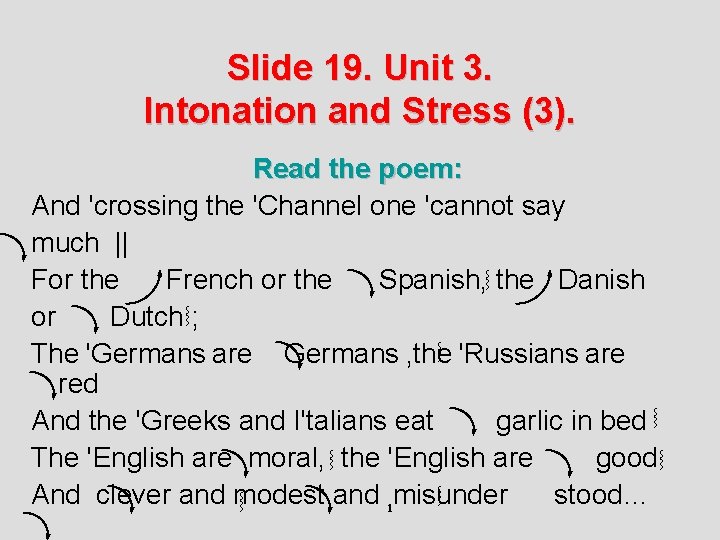 Slide 19. Unit 3. Intonation and Stress (3). Read the poem: And 'crossing the