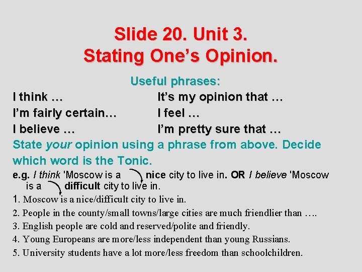 Slide 20. Unit 3. Stating One’s Opinion. Useful phrases: I think … It’s my