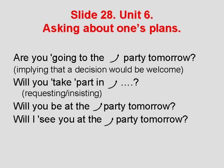 Slide 28. Unit 6. Asking about one’s plans. Are you 'going to the party