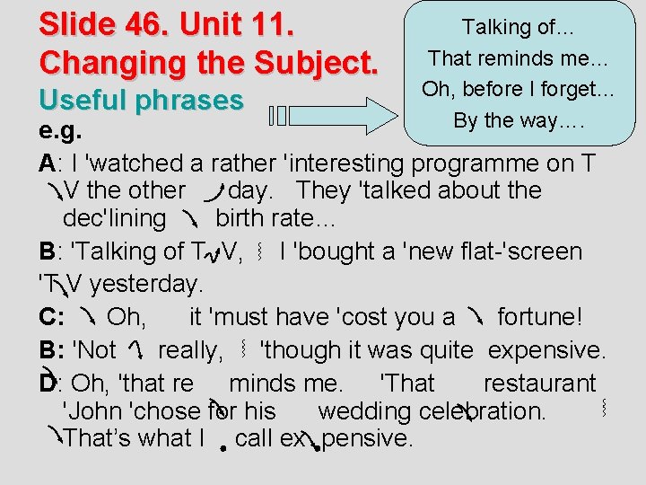 Slide 46. Unit 11. Changing the Subject. Useful phrases Talking of… That reminds me…
