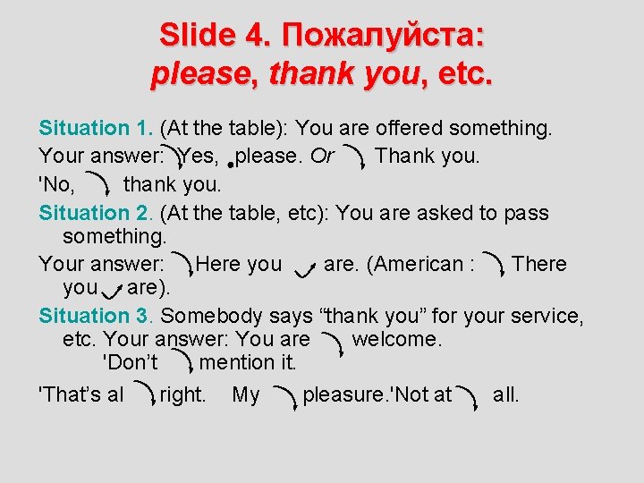 Slide 4. Пожалуйста: please, thank you, etc. Situation 1. (At the table): You are