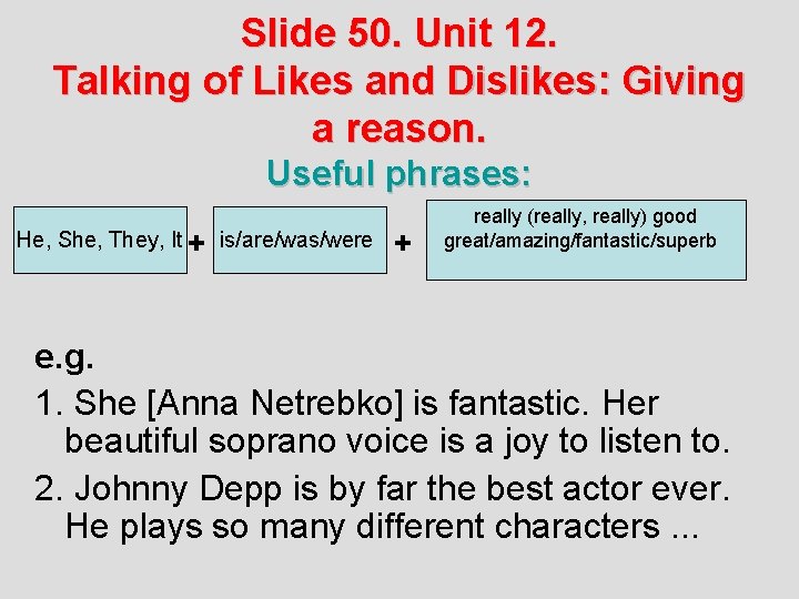 Slide 50. Unit 12. Talking of Likes and Dislikes: Giving a reason. Useful phrases: