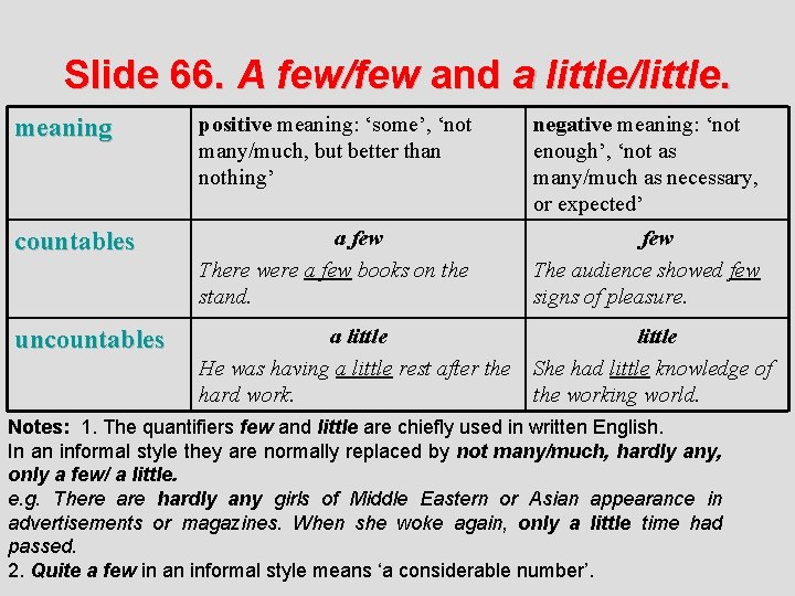 Slide 66. A few/few and a little/little. meaning positive meaning: ‘some’, ‘not many/much, but