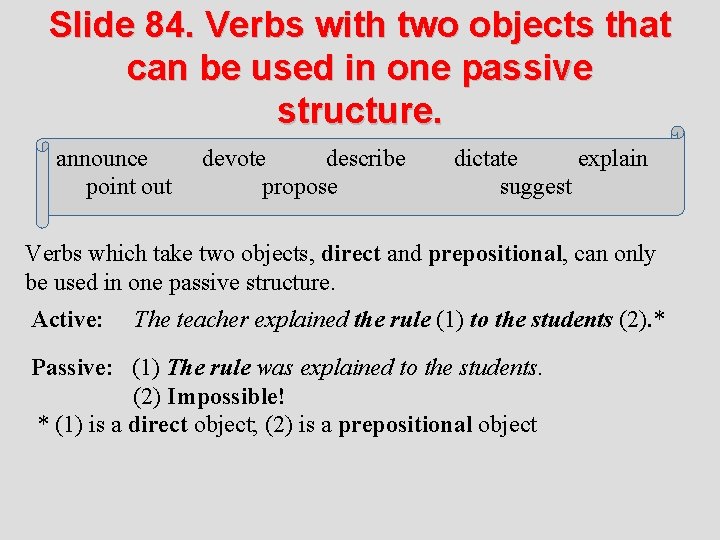 Slide 84. Verbs with two objects that can be used in one passive structure.