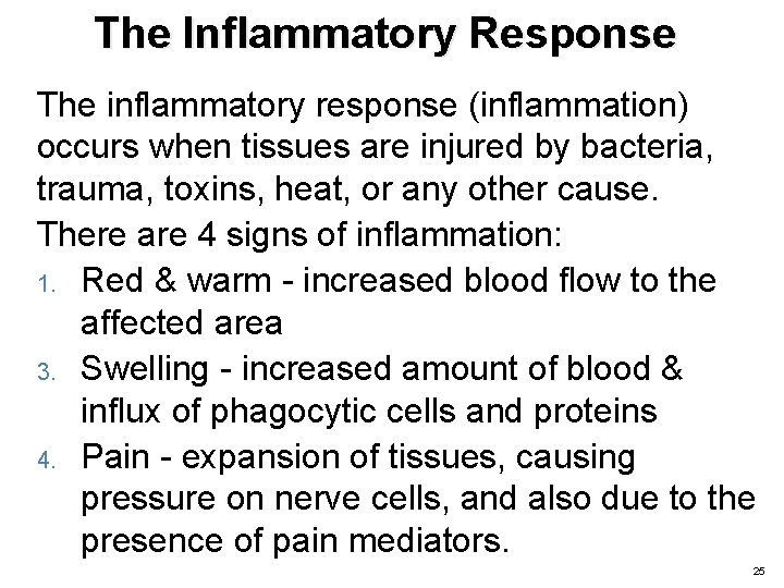 The Inflammatory Response The inflammatory response (inflammation) occurs when tissues are injured by bacteria,