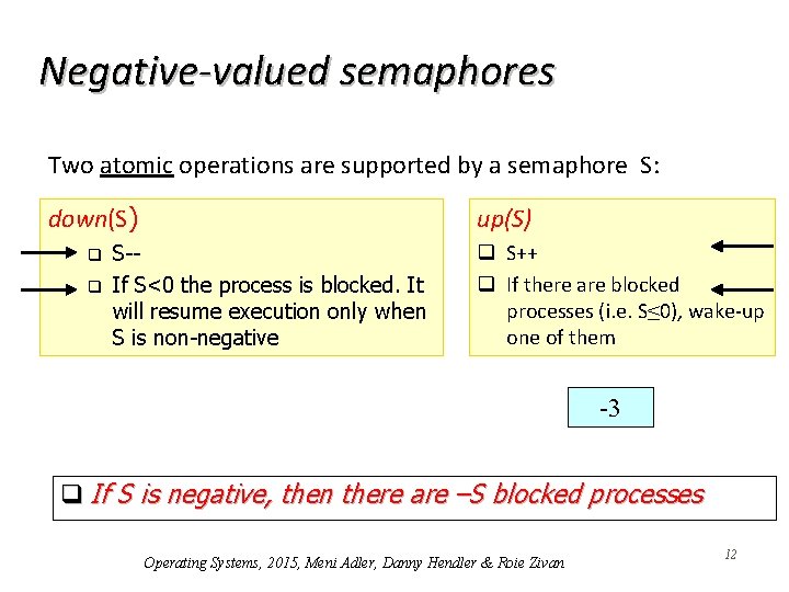 Negative-valued semaphores Two atomic operations are supported by a semaphore S: down(S) q q