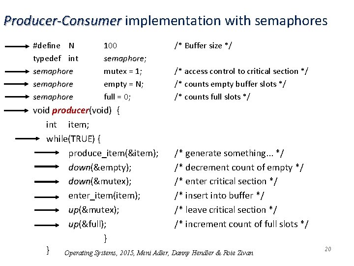 Producer-Consumer implementation with semaphores #define N typedef int semaphore 100 semaphore; semaphore mutex =