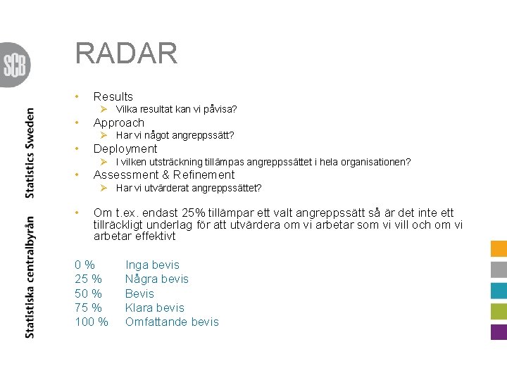 RADAR • Results Ø Vilka resultat kan vi påvisa? • Approach Ø Har vi