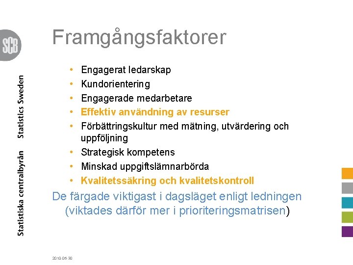 Framgångsfaktorer • • • Engagerat ledarskap Kundorientering Engagerade medarbetare Effektiv användning av resurser Förbättringskultur