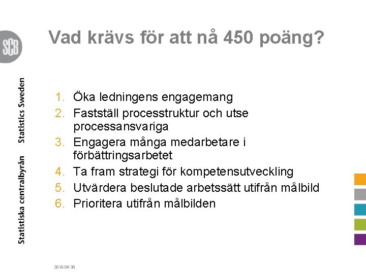 Vad krävs för att nå 450 poäng? 1. Öka ledningens engagemang 2. Fastställ processtruktur