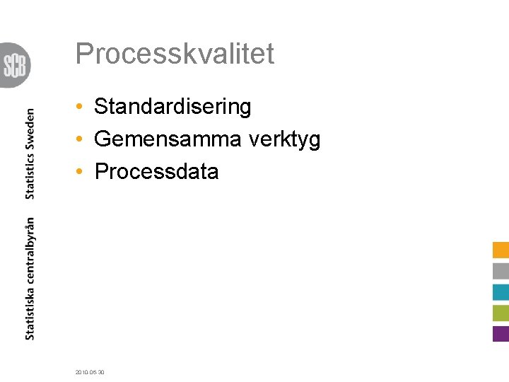 Processkvalitet • Standardisering • Gemensamma verktyg • Processdata 2010 -06 -30 