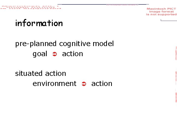 information pre-planned cognitive model goal action situated action environment action 