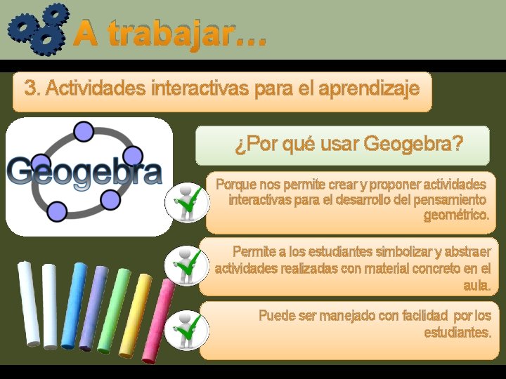 A trabajar… 3. Actividades interactivas para el aprendizaje ¿Por qué usar Geogebra? Porque nos