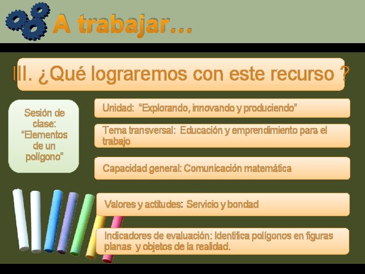 A trabajar… III. ¿Qué lograremos con este recurso ? Sesión de clase: “Elementos de