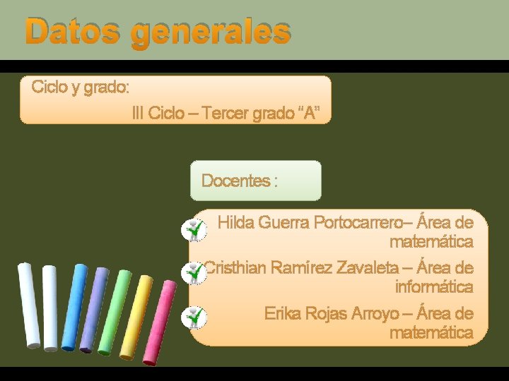 Datos generales Ciclo y grado: III Ciclo – Tercer grado “A” Docentes : Hilda