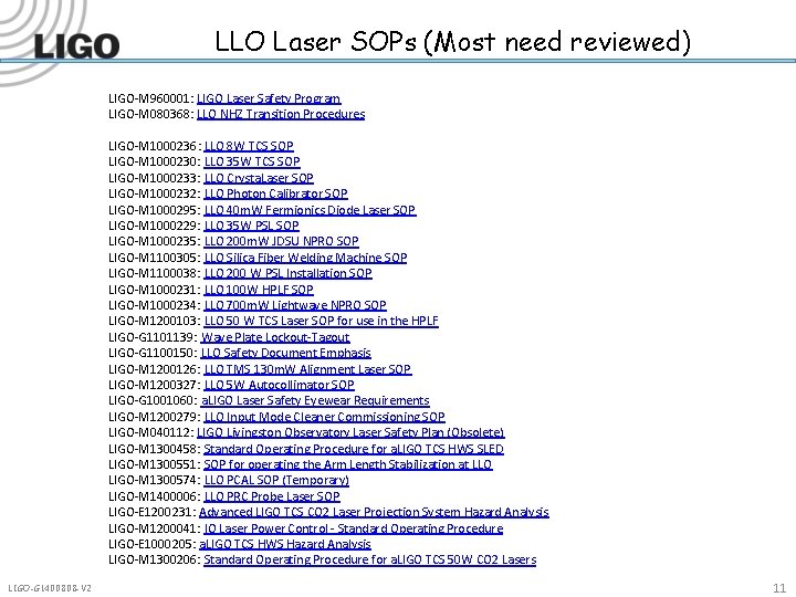 LLO Laser SOPs (Most need reviewed) LIGO-M 960001: LIGO Laser Safety Program LIGO-M 080368: