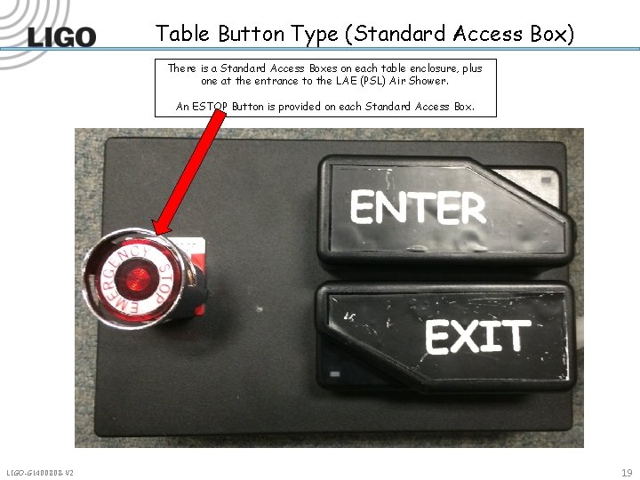 Table Button Type (Standard Access Box) There is a Standard Access Boxes on each