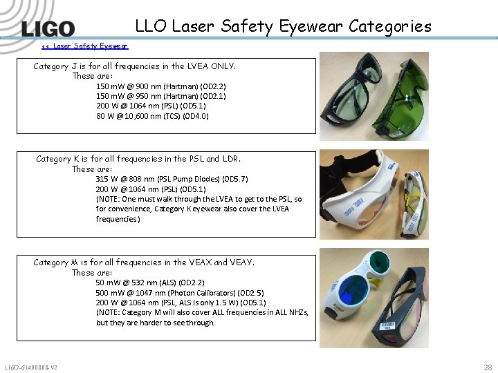 LLO Laser Safety Eyewear Categories << Laser Safety Eyewear Category J is for all