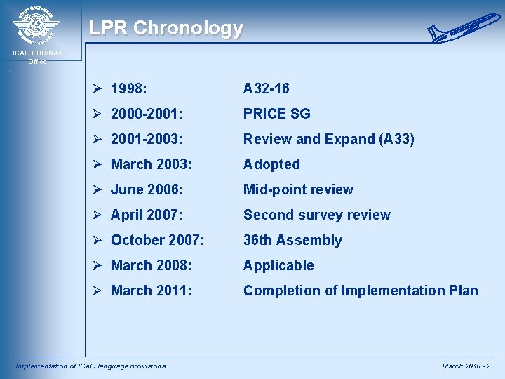 LPR Chronology ICAO EUR/NAT Office Ø 1998: A 32 -16 Ø 2000 -2001: PRICE