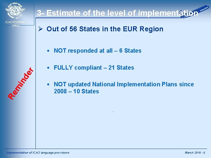 3 - Estimate of the level of implementation ICAO EUR/NAT Office Ø Out of