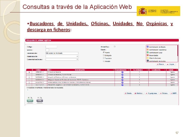 Consultas a través de la Aplicación Web • Buscadores de Unidades, Oficinas, Unidades No