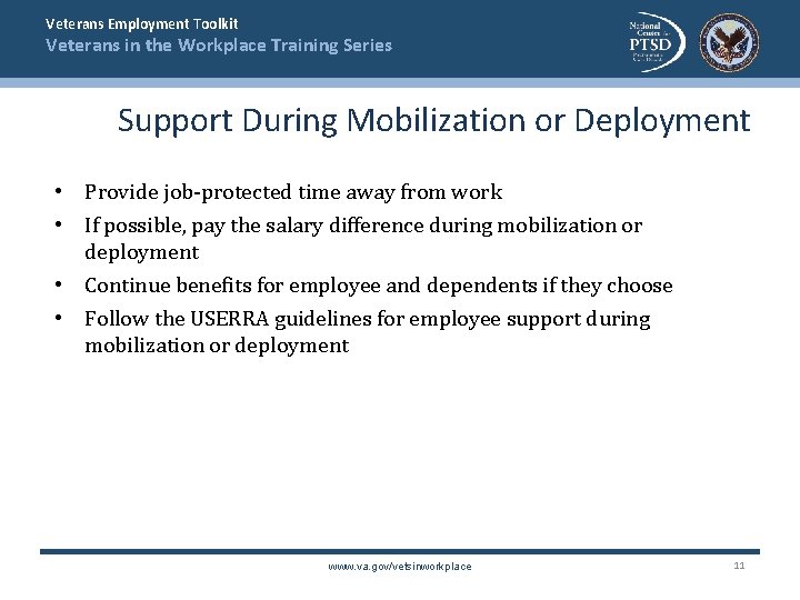 Veterans Employment Toolkit Veterans in the Workplace Training Series Support During Mobilization or Deployment