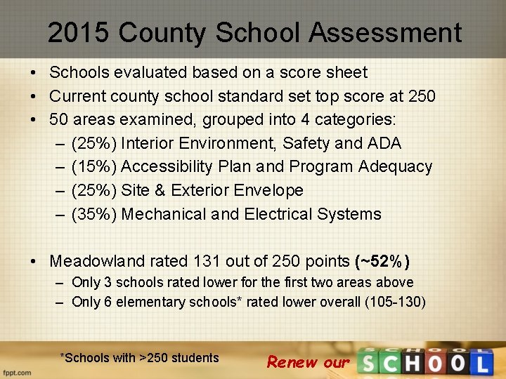 2015 County School Assessment • Schools evaluated based on a score sheet • Current