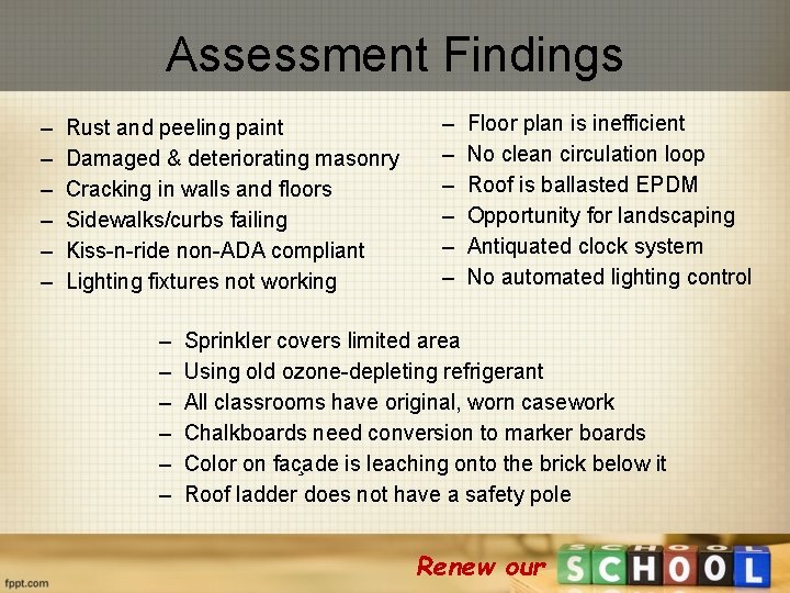 Assessment Findings – – – Rust and peeling paint Damaged & deteriorating masonry Cracking