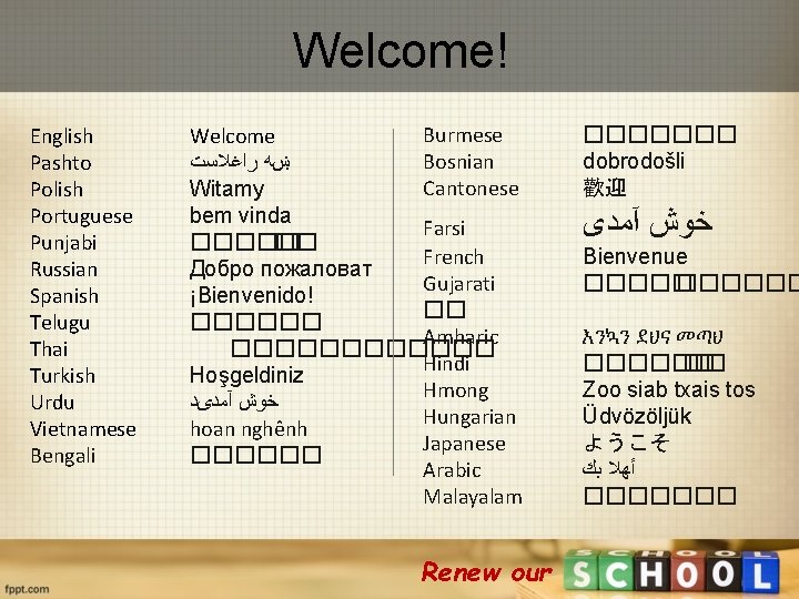 Welcome! English Pashto Polish Portuguese Punjabi Russian Spanish Telugu Thai Turkish Urdu Vietnamese Bengali