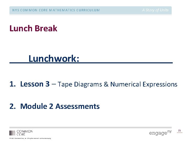 NYS COMMON CORE MATHEMATICS CURRICULUM A Story of Units Lunch Break Lunchwork: 1. Lesson