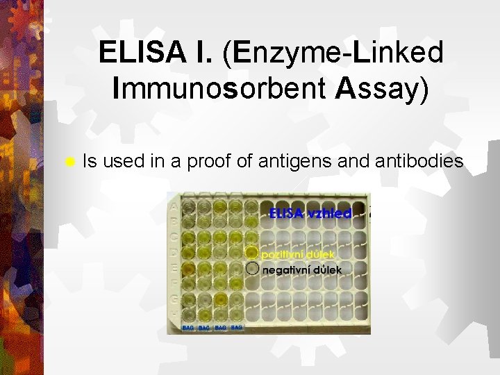 ELISA I. (Enzyme-Linked Immunosorbent Assay) ® Is used in a proof of antigens and