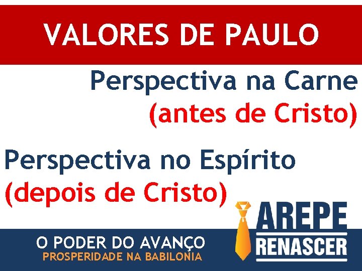 VALORES DE PAULO Perspectiva na Carne (antes de Cristo) Perspectiva no Espírito (depois de