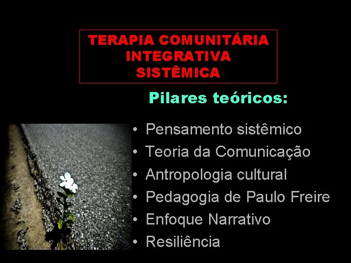 TERAPIA COMUNITÁRIA INTEGRATIVA SISTÊMICA Pilares teóricos: • • • Pensamento sistêmico Teoria da Comunicação