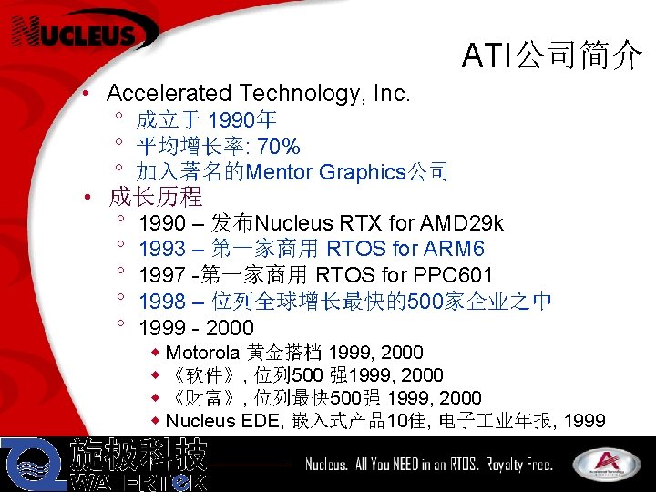 ATI公司简介 • Accelerated Technology, Inc. ° 成立于 1990年 ° 平均增长率: 70% ° 加入著名的Mentor Graphics公司