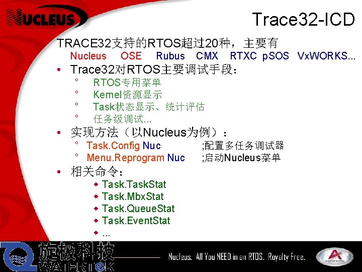 Trace 32 -ICD TRACE 32支持的RTOS超过20种，主要有 Nucleus OSE Rubus CMX RTXC p. SOS Vx. WORKS.