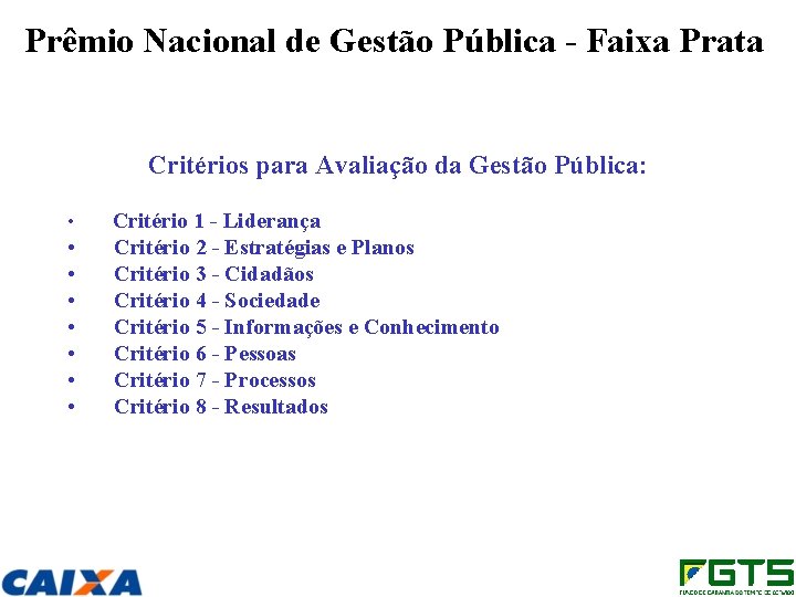 Prêmio Nacional de Gestão Pública - Faixa Prata Critérios para Avaliação da Gestão Pública: